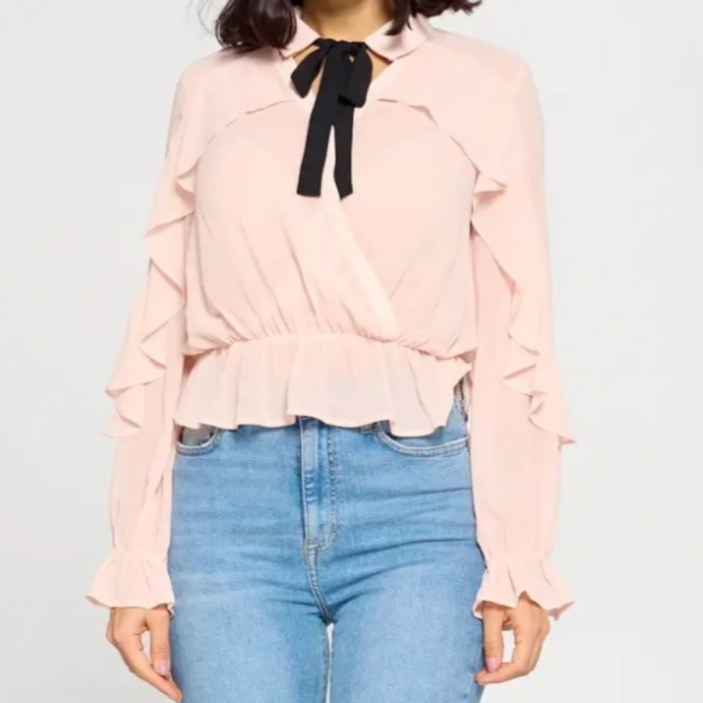 Blush Pink Bow Tie Ruffle Top